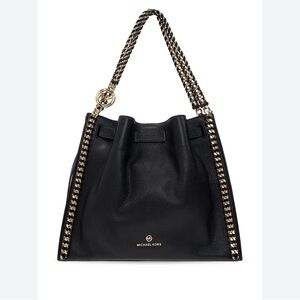 Michael Kors Mina Black Leather Shoulder Bag with Chain Detailing